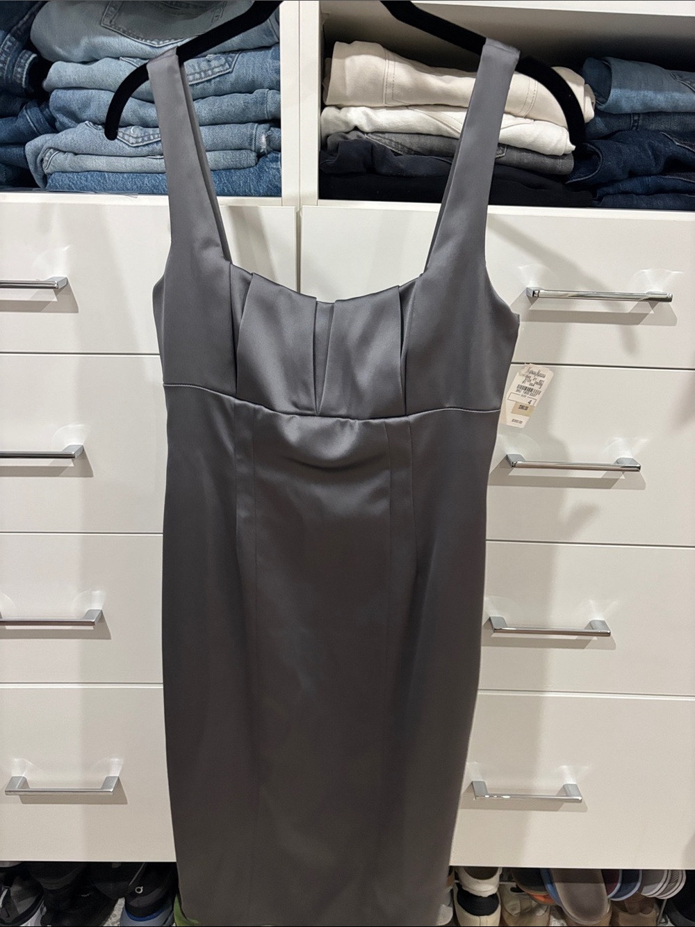 David Meister Gray Satin Midi Sheath Dress